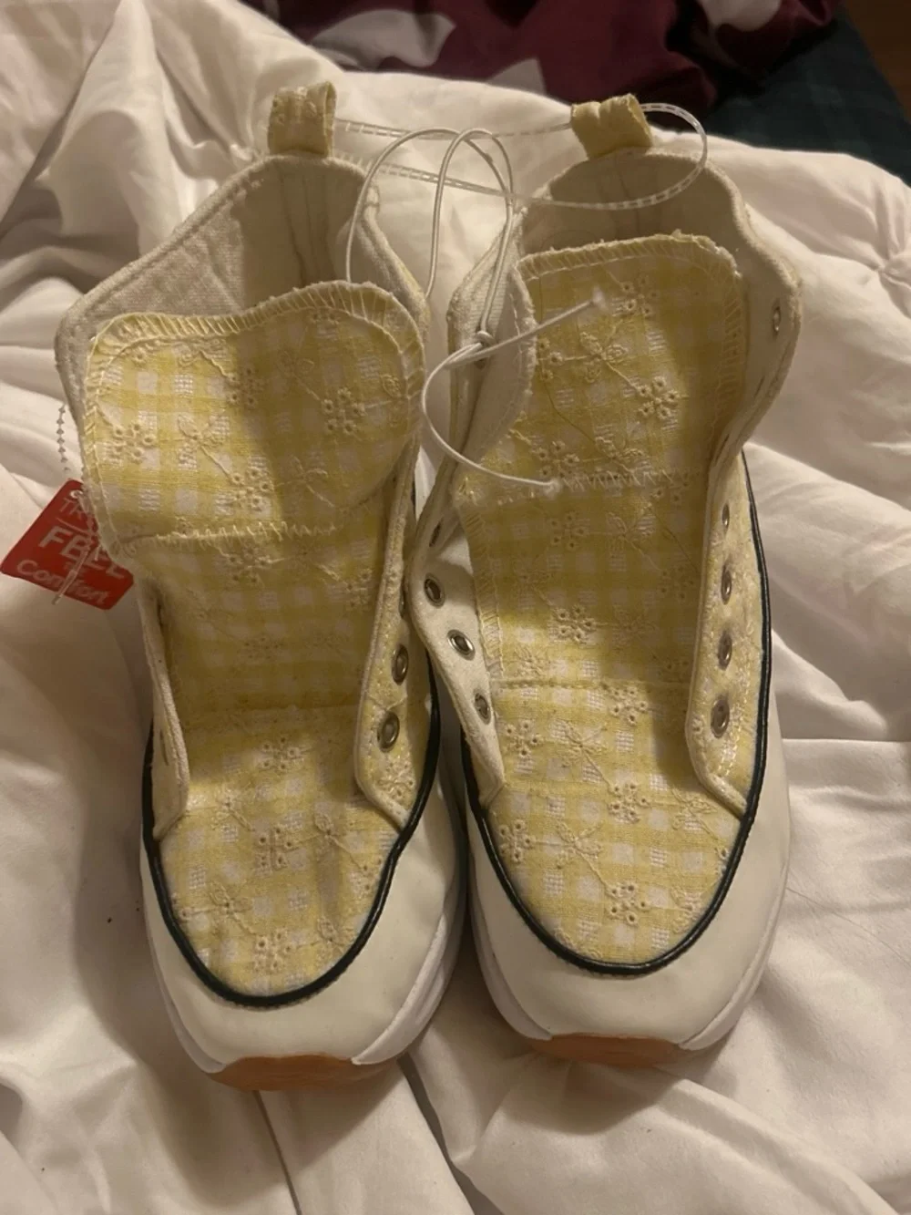Kids White Canvas High-Top Sneakers with Yellow Plaid Lining